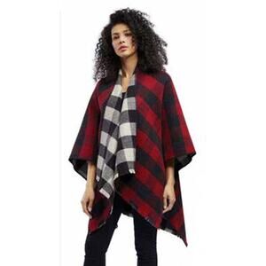 Pendleton Women's Reversible Wool Wrap Poncho Cape Red Charcoal Check Ombre NWT